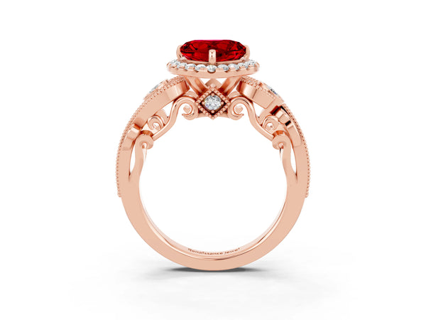Rose gold Heart Cut Ruby Halo Ring with Milgrain Pavé Band and Four-Prong Setting