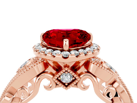 Rose gold Heart Cut Ruby Halo Ring with Milgrain Pavé Band and Four-Prong Setting_16