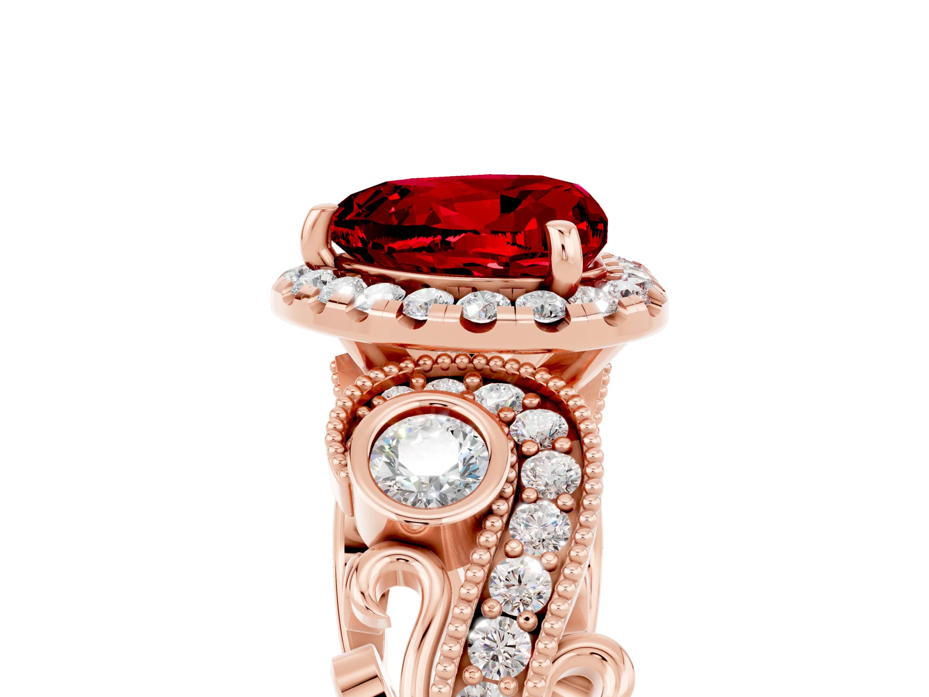 Rose gold Heart Cut Ruby Halo Ring with Milgrain Pavé Band and Four-Prong Setting_17