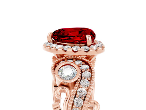 Rose gold Heart Cut Ruby Halo Ring with Milgrain Pavé Band and Four-Prong Setting_17