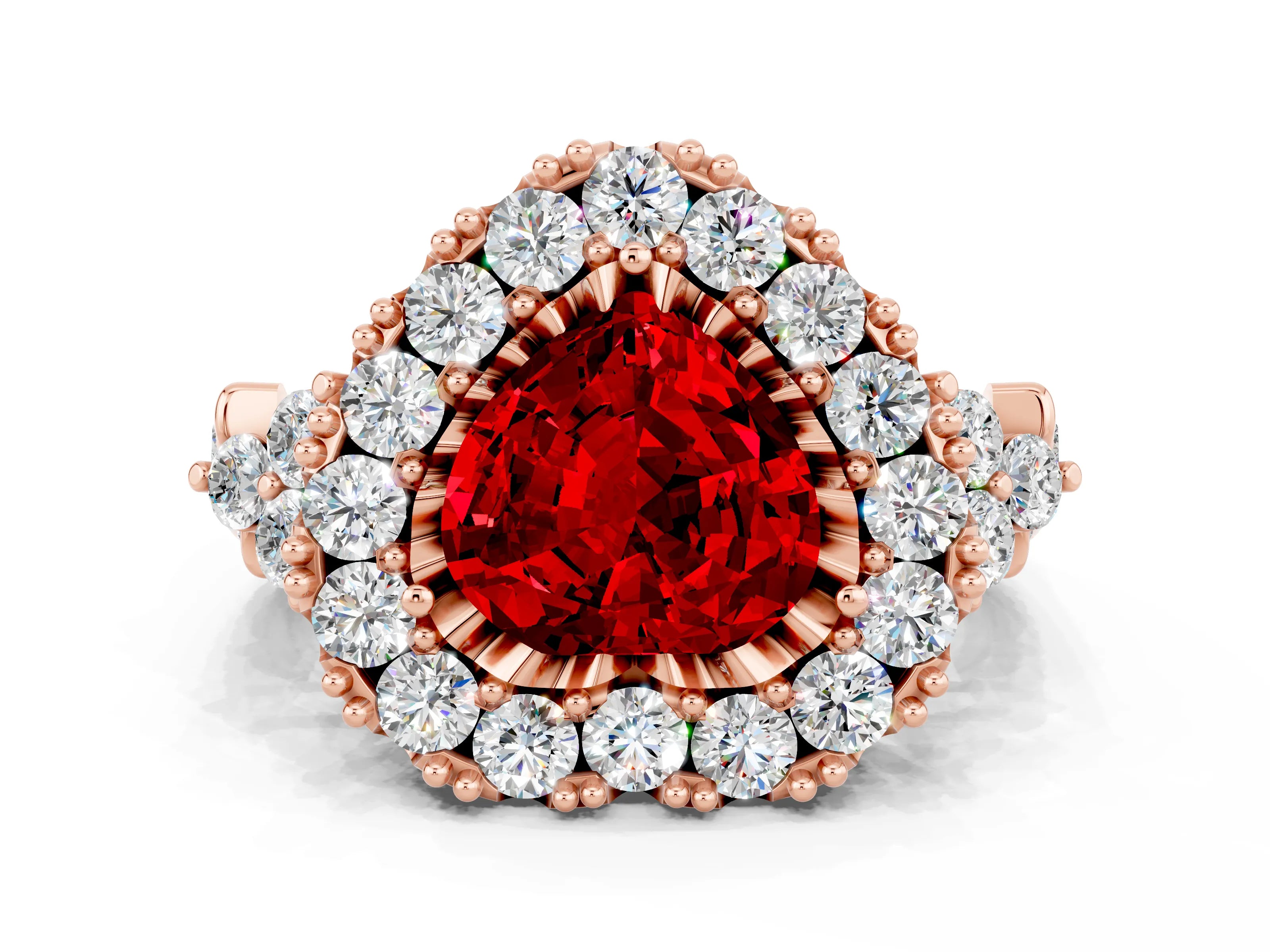 Rose gold Heart Cut Ruby Halo Ring with Pavé Band and Four-Prong Setting_12