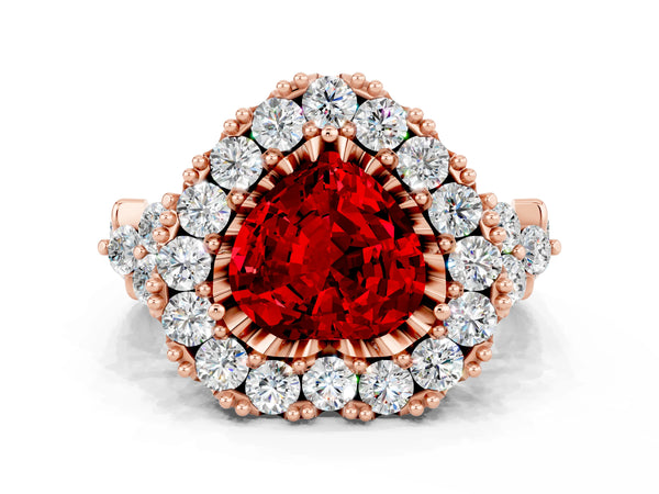 Rose gold Heart Cut Ruby Halo Ring with Pavé Band and Four-Prong Setting