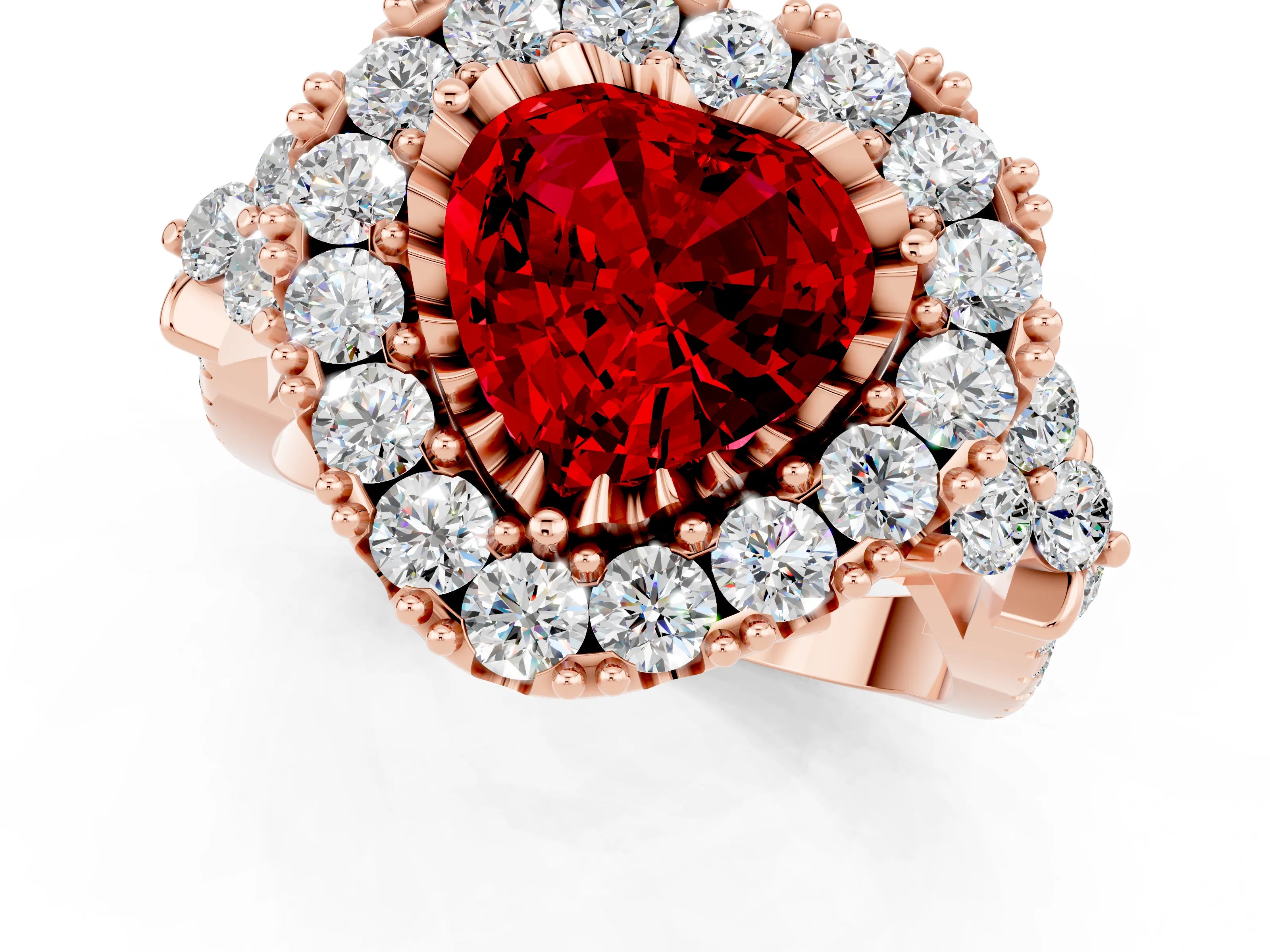 Rose gold Heart Cut Ruby Halo Ring with Pavé Band and Four-Prong Setting_13
