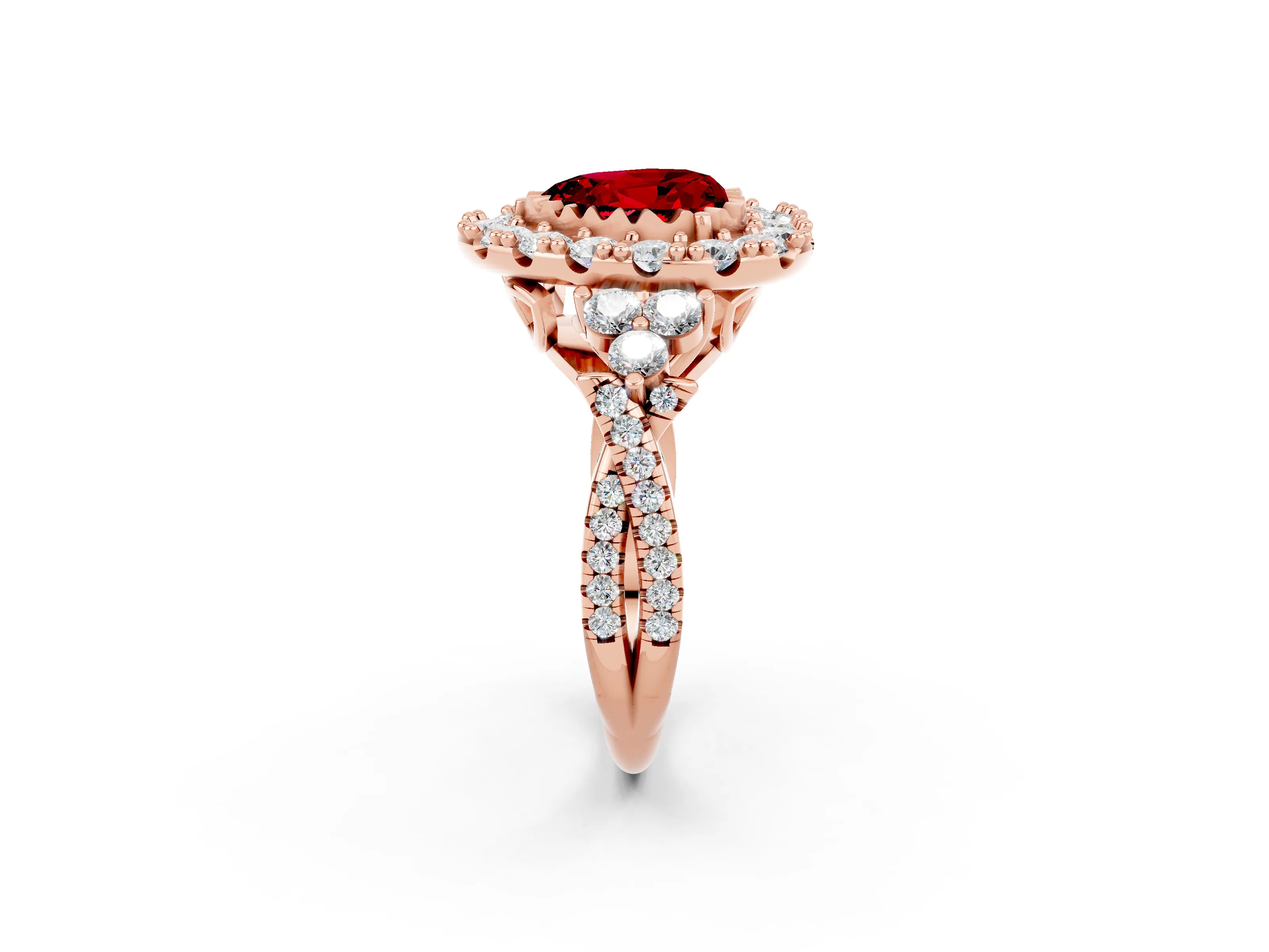 Rose gold Heart Cut Ruby Halo Ring with Pavé Band and Four-Prong Setting_14