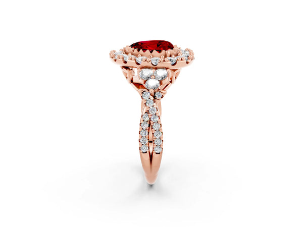 Rose gold Heart Cut Ruby Halo Ring with Pavé Band and Four-Prong Setting