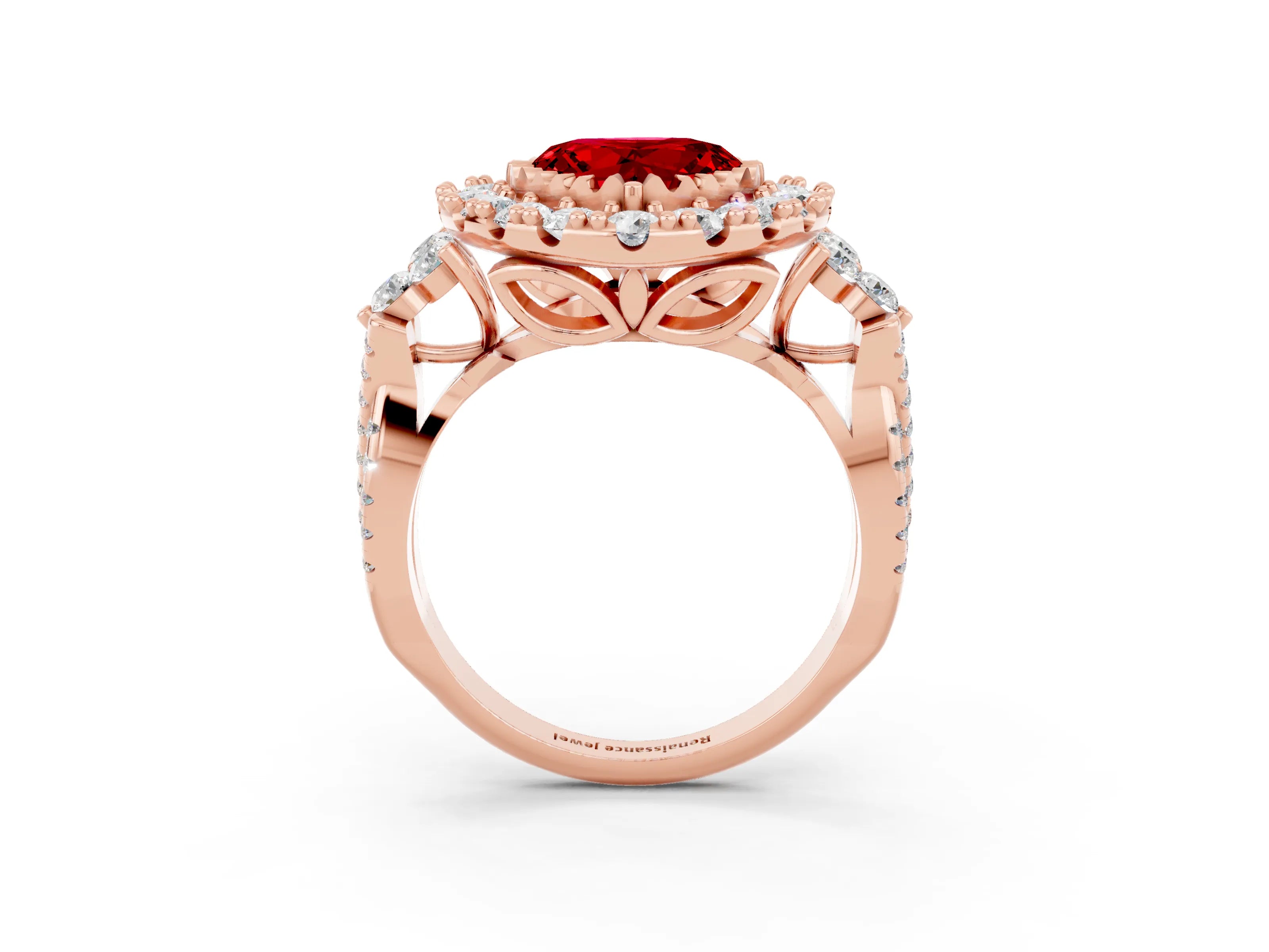 Rose gold Heart Cut Ruby Halo Ring with Pavé Band and Four-Prong Setting_15