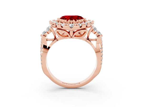 Rose gold Heart Cut Ruby Halo Ring with Pavé Band and Four-Prong Setting
