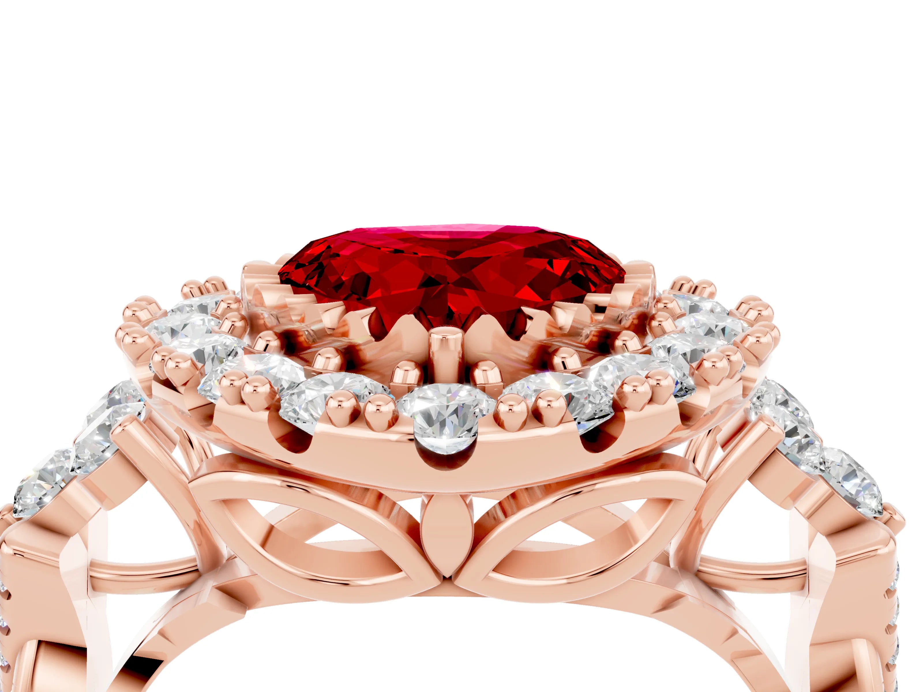 Rose gold Heart Cut Ruby Halo Ring with Pavé Band and Four-Prong Setting_16