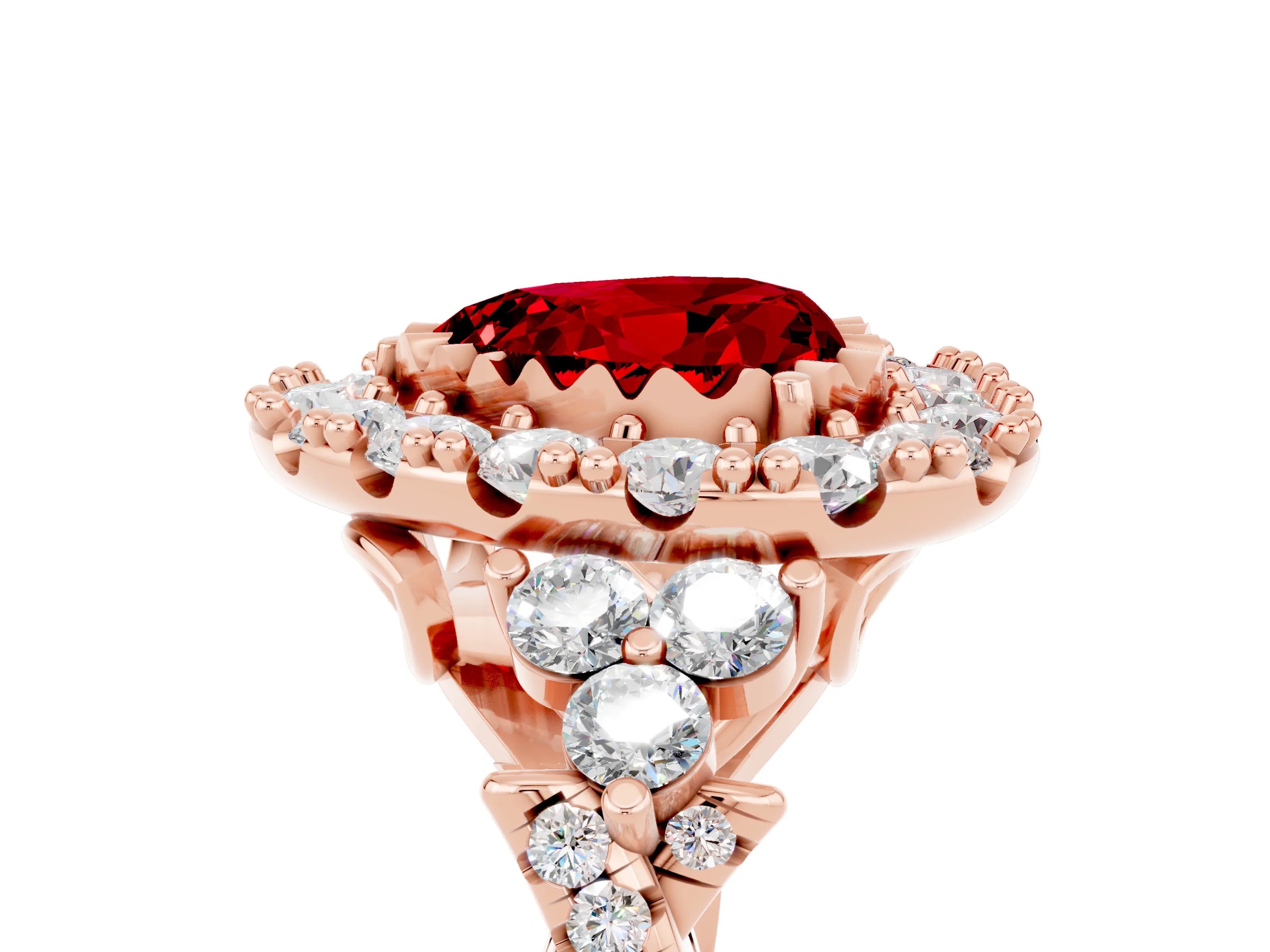 Rose gold Heart Cut Ruby Halo Ring with Pavé Band and Four-Prong Setting_17