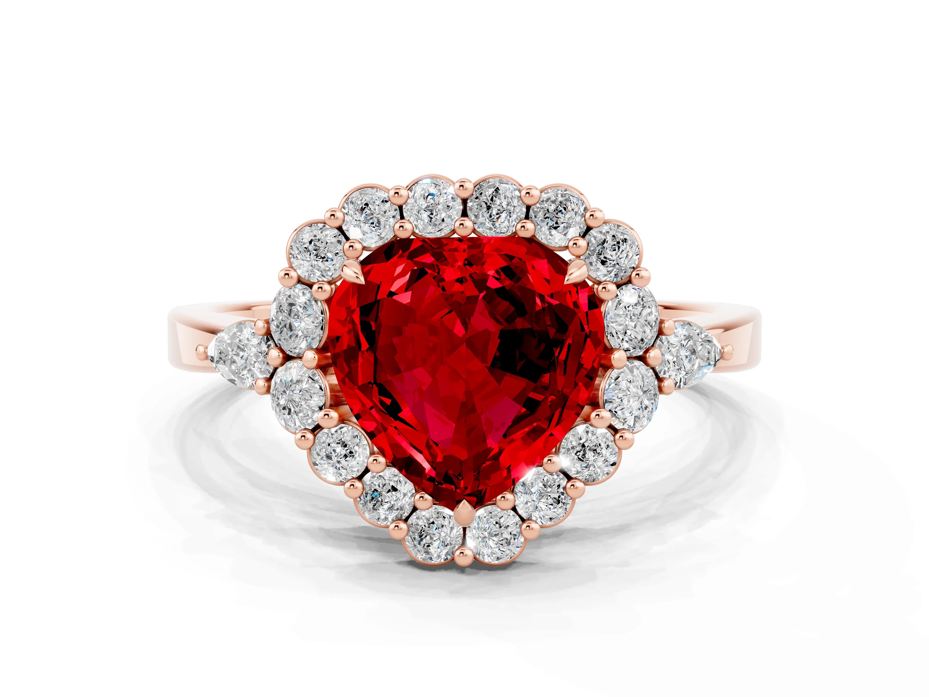 Rose gold Heart Cut Ruby Halo Ring with Pear Side Stones and Prong Setting_12