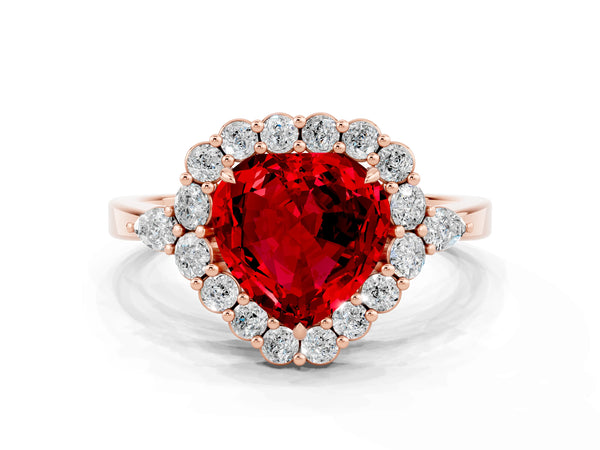 Rose gold Heart Cut Ruby Halo Ring with Pear Side Stones and Prong Setting