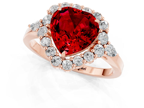 Rose gold Heart Cut Ruby Halo Ring with Pear Side Stones and Prong Setting_13