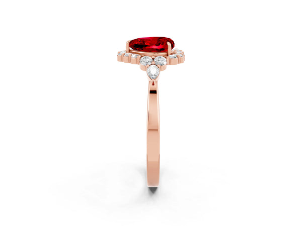 Rose gold Heart Cut Ruby Halo Ring with Pear Side Stones and Prong Setting