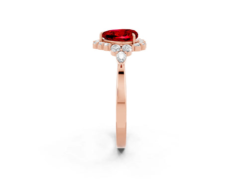 Rose gold Heart Cut Ruby Halo Ring with Pear Side Stones and Prong Setting_14