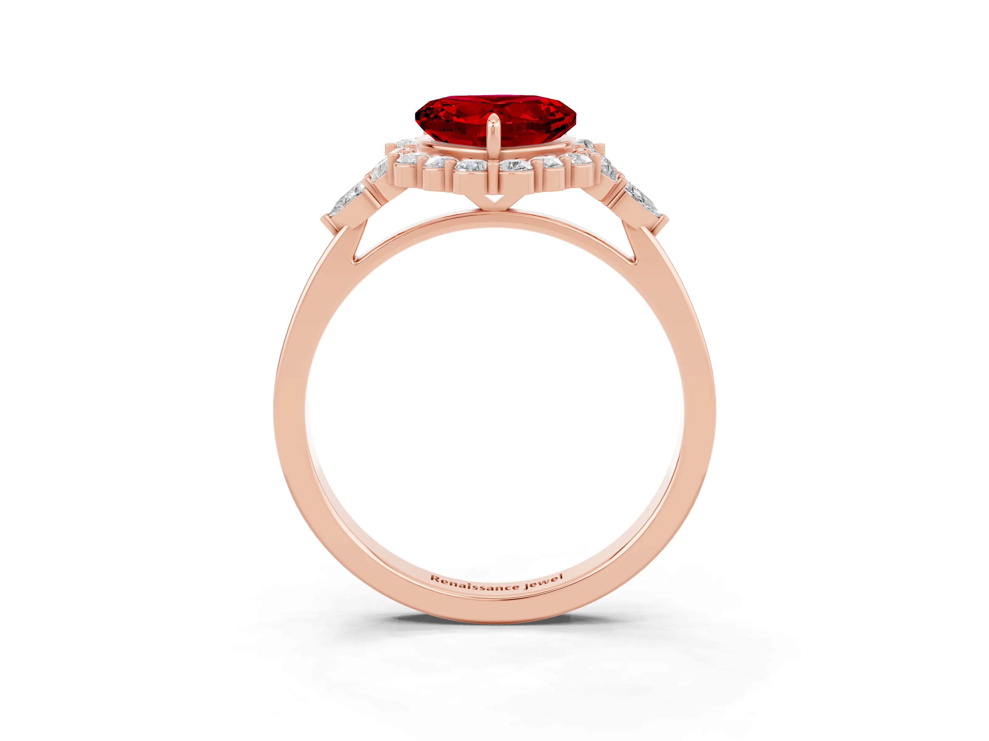 Rose gold Heart Cut Ruby Halo Ring with Pear Side Stones and Prong Setting_15