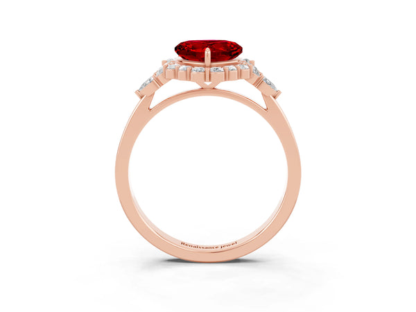 Rose gold Heart Cut Ruby Halo Ring with Pear Side Stones and Prong Setting