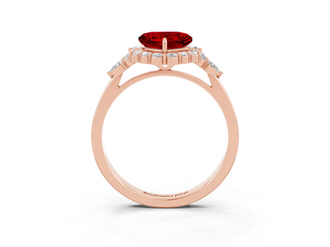 Rose gold Heart Cut Ruby Halo Ring with Pear Side Stones and Prong Setting_15