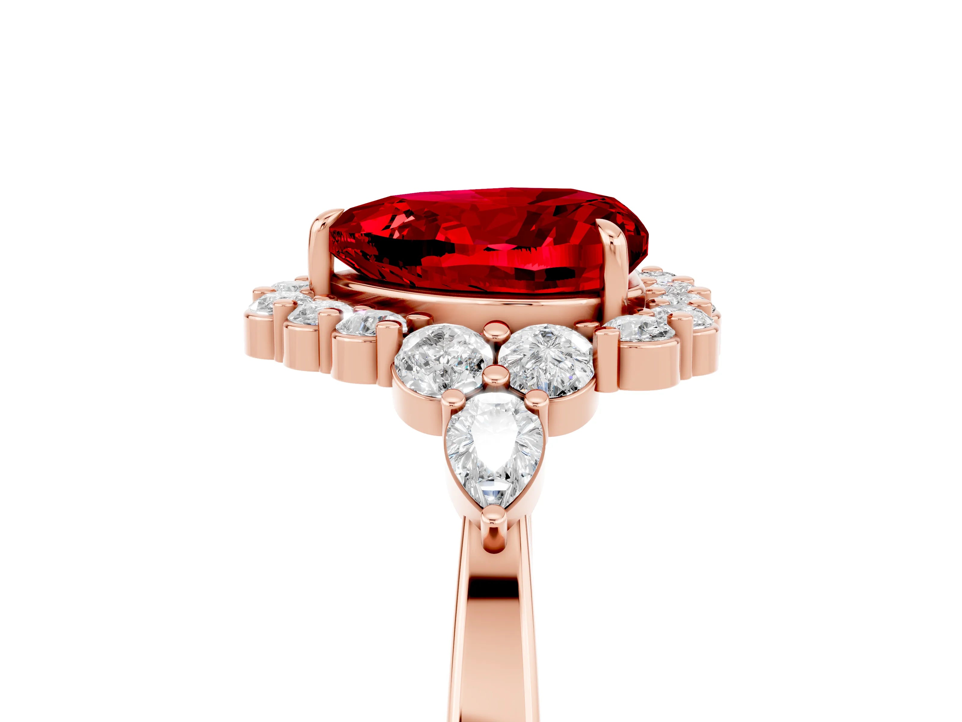 Rose gold Heart Cut Ruby Halo Ring with Pear Side Stones and Prong Setting_17