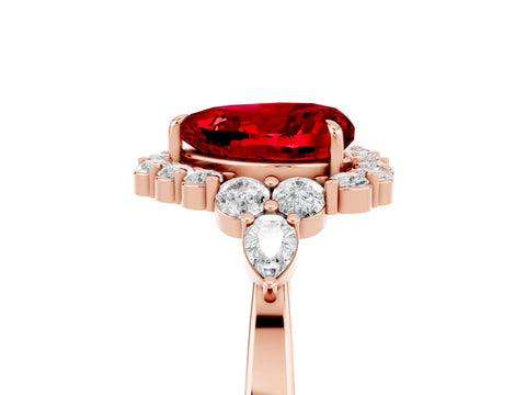 Rose gold Heart Cut Ruby Halo Ring with Pear Side Stones and Prong Setting_17