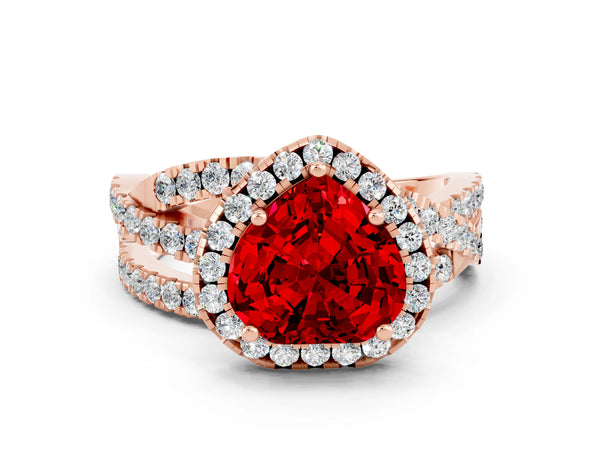 Rose gold Heart Cut Ruby Halo Ring with Round Split Shank and Prong Setting