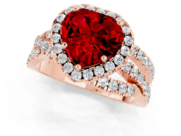 Rose gold Heart Cut Ruby Halo Ring with Round Split Shank and Prong Setting