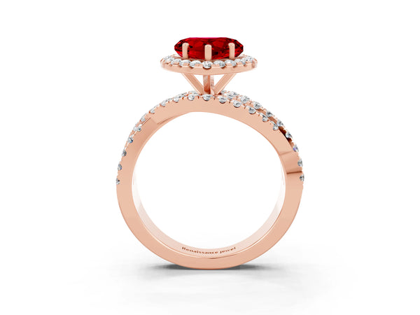 Rose gold Heart Cut Ruby Halo Ring with Round Split Shank and Prong Setting
