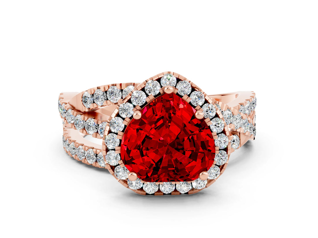Rose gold Heart Cut Ruby Halo Ring with Round Split Shank and Prong Setting_48