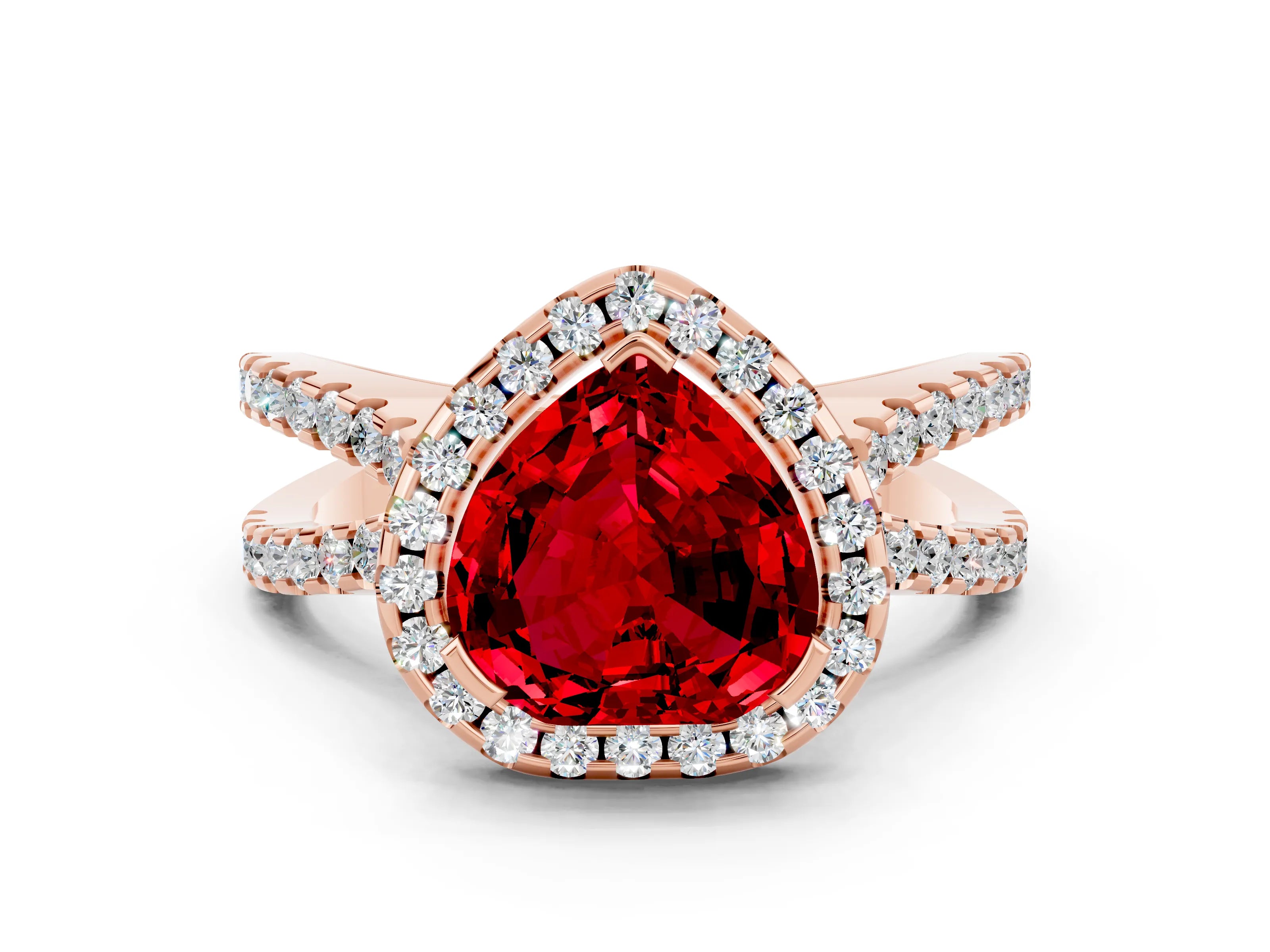 Rose gold Heart Cut Ruby Halo Ring with Split Shank Pavé Band and Prong Setting