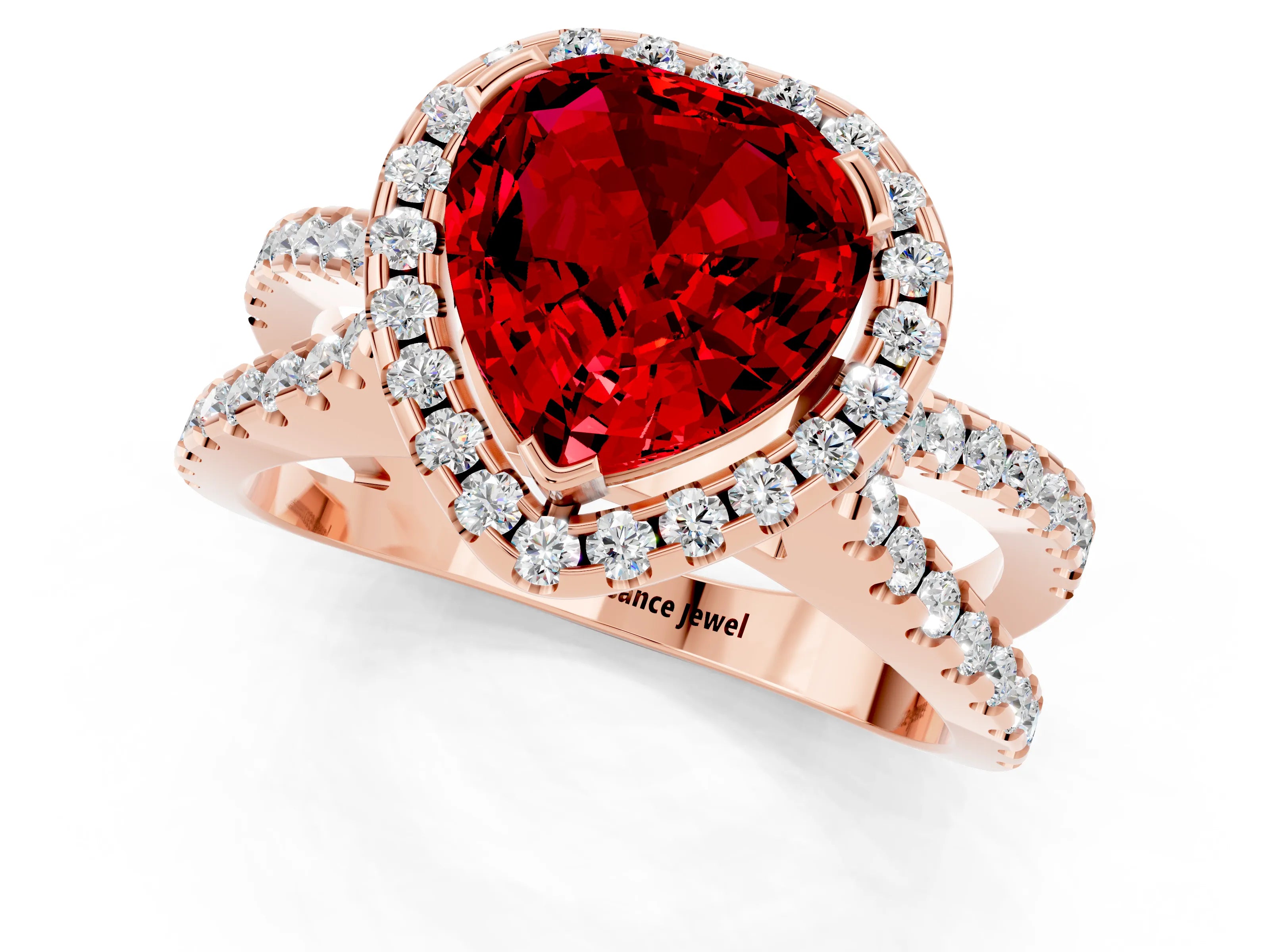 Rose gold Heart Cut Ruby Halo Ring with Split Shank Pavé Band and Prong Setting_1