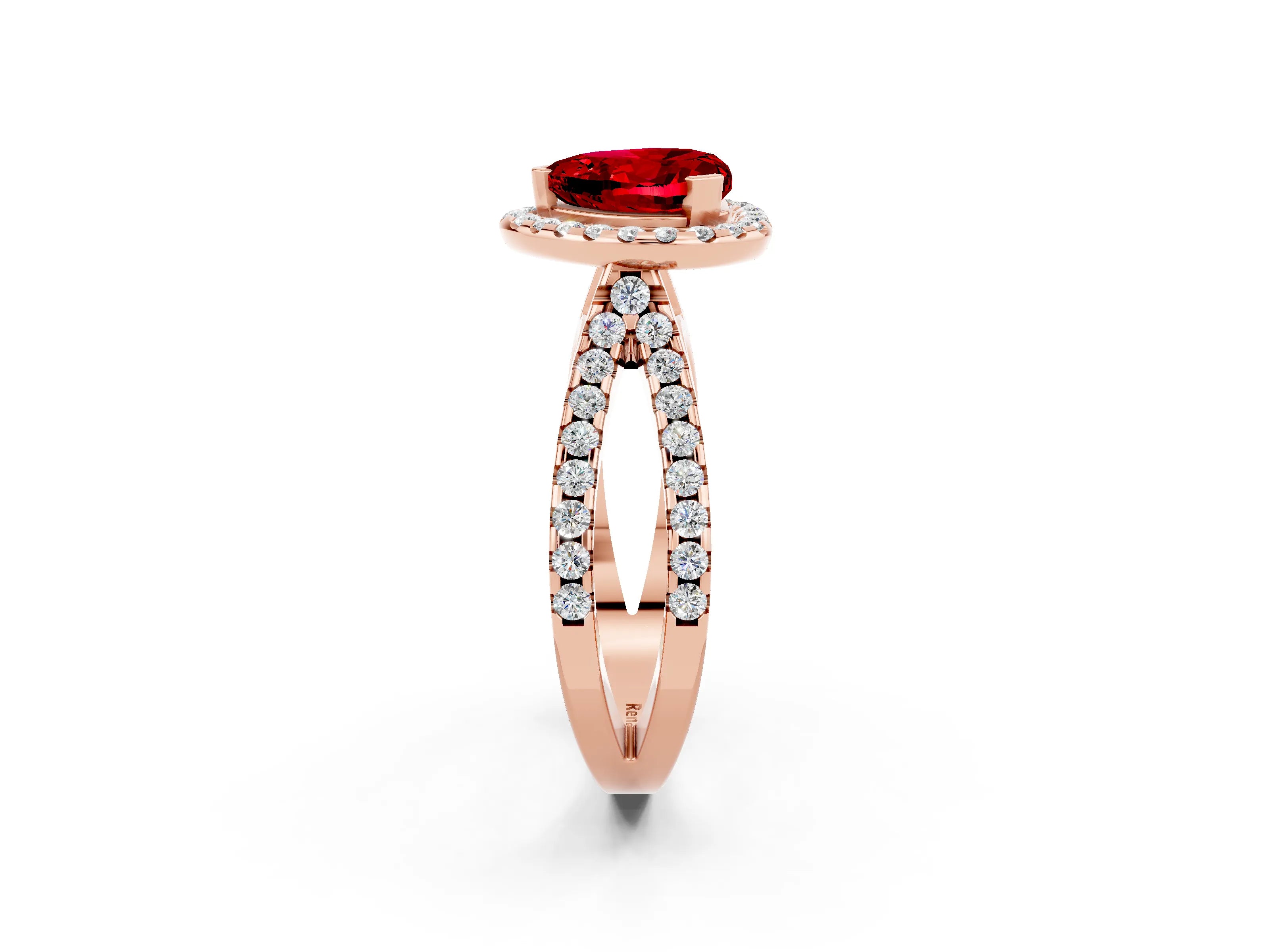 Rose gold Heart Cut Ruby Halo Ring with Split Shank Pavé Band and Prong Setting_2
