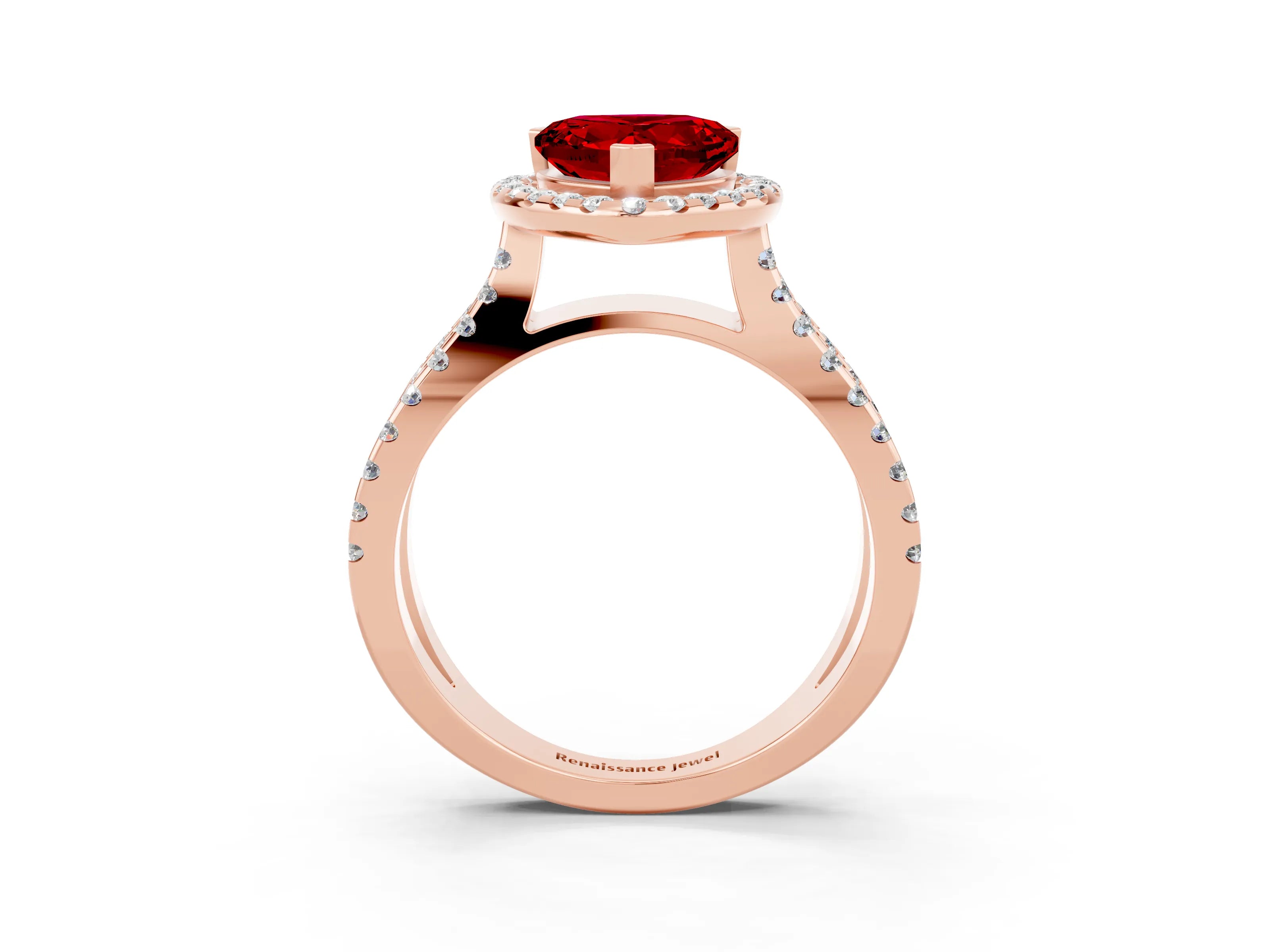 Rose gold Heart Cut Ruby Halo Ring with Split Shank Pavé Band and Prong Setting_3