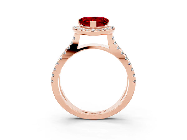 Rose gold Heart Cut Ruby Halo Ring with Split Shank Pavé Band and Prong Setting