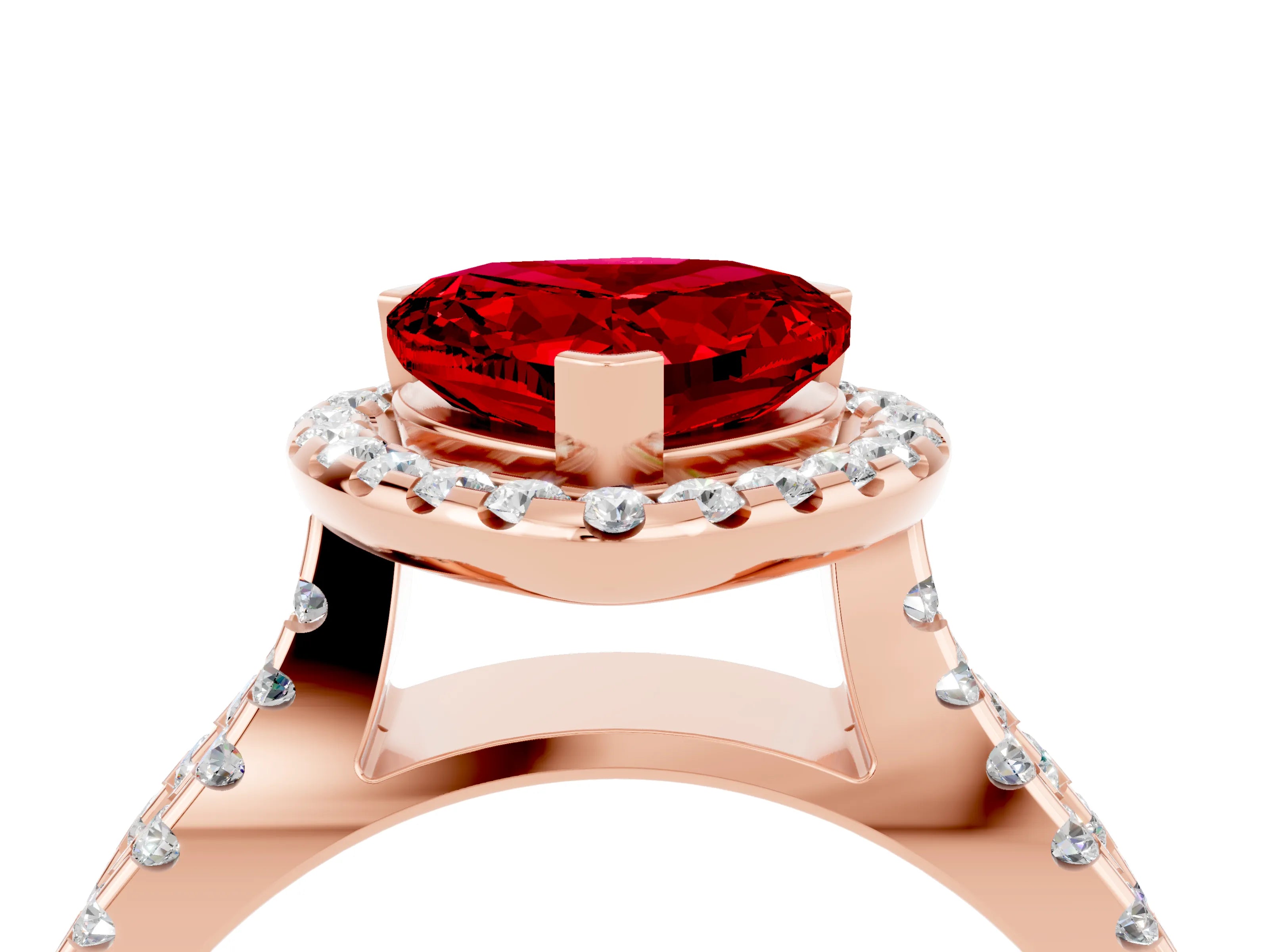 Rose gold Heart Cut Ruby Halo Ring with Split Shank Pavé Band and Prong Setting_4