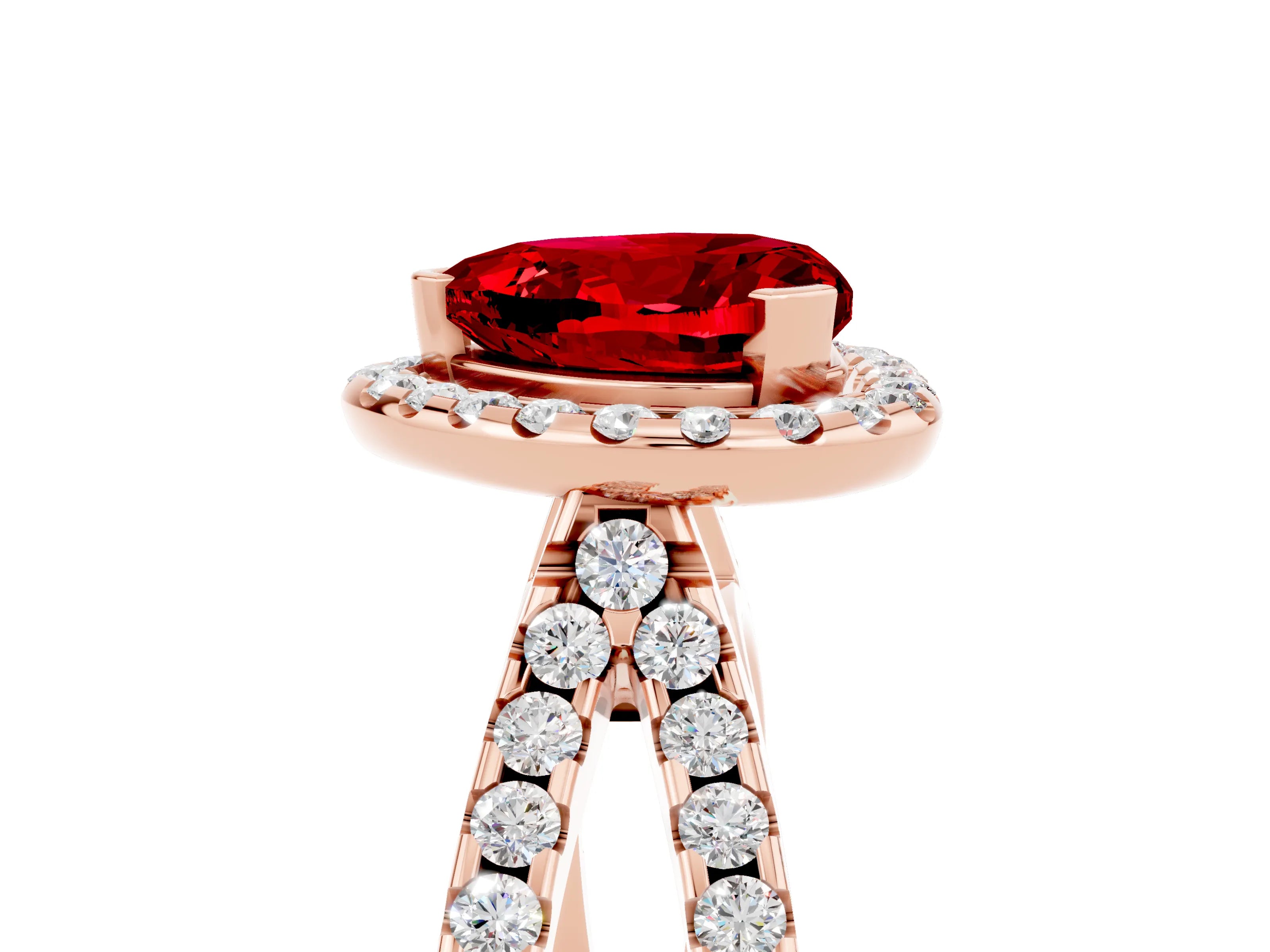 Rose gold Heart Cut Ruby Halo Ring with Split Shank Pavé Band and Prong Setting_5