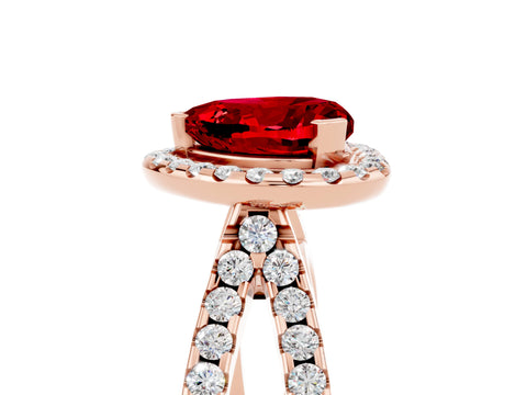 Rose gold Heart Cut Ruby Halo Ring with Split Shank Pavé Band and Prong Setting_5