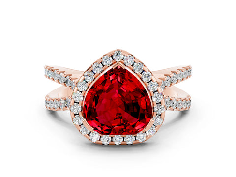 Rose gold Heart Cut Ruby Halo Ring with Split Shank Pavé Band and Prong Setting
