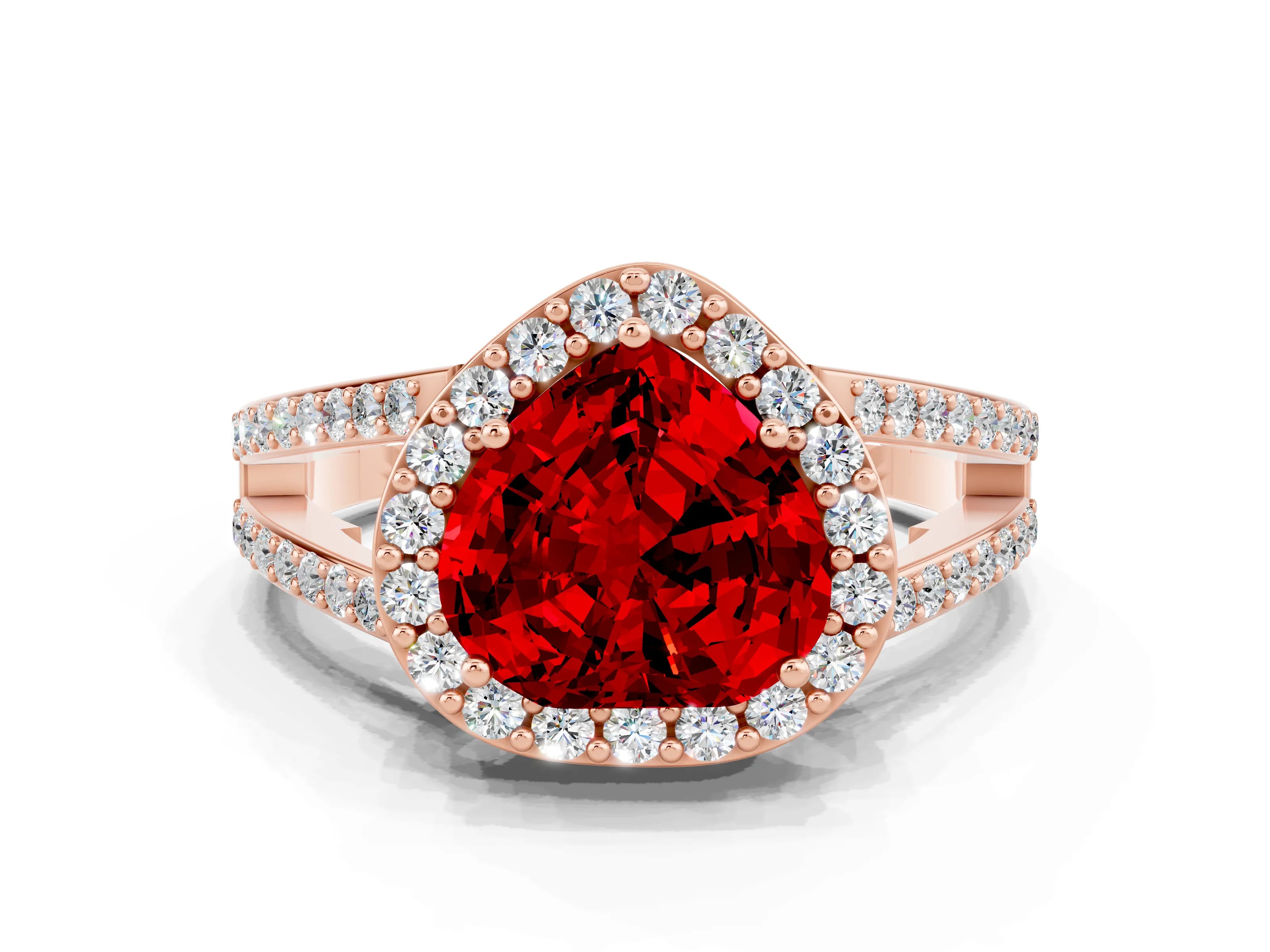 Rose gold Heart Cut Ruby Halo Ring with Split Shank U-Prong Band and Four-Prong Setting