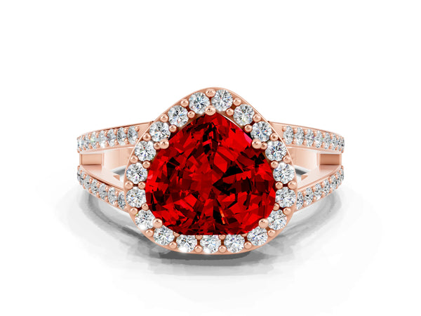 Rose gold Heart Cut Ruby Halo Ring with Split Shank U-Prong Band and Four-Prong Setting