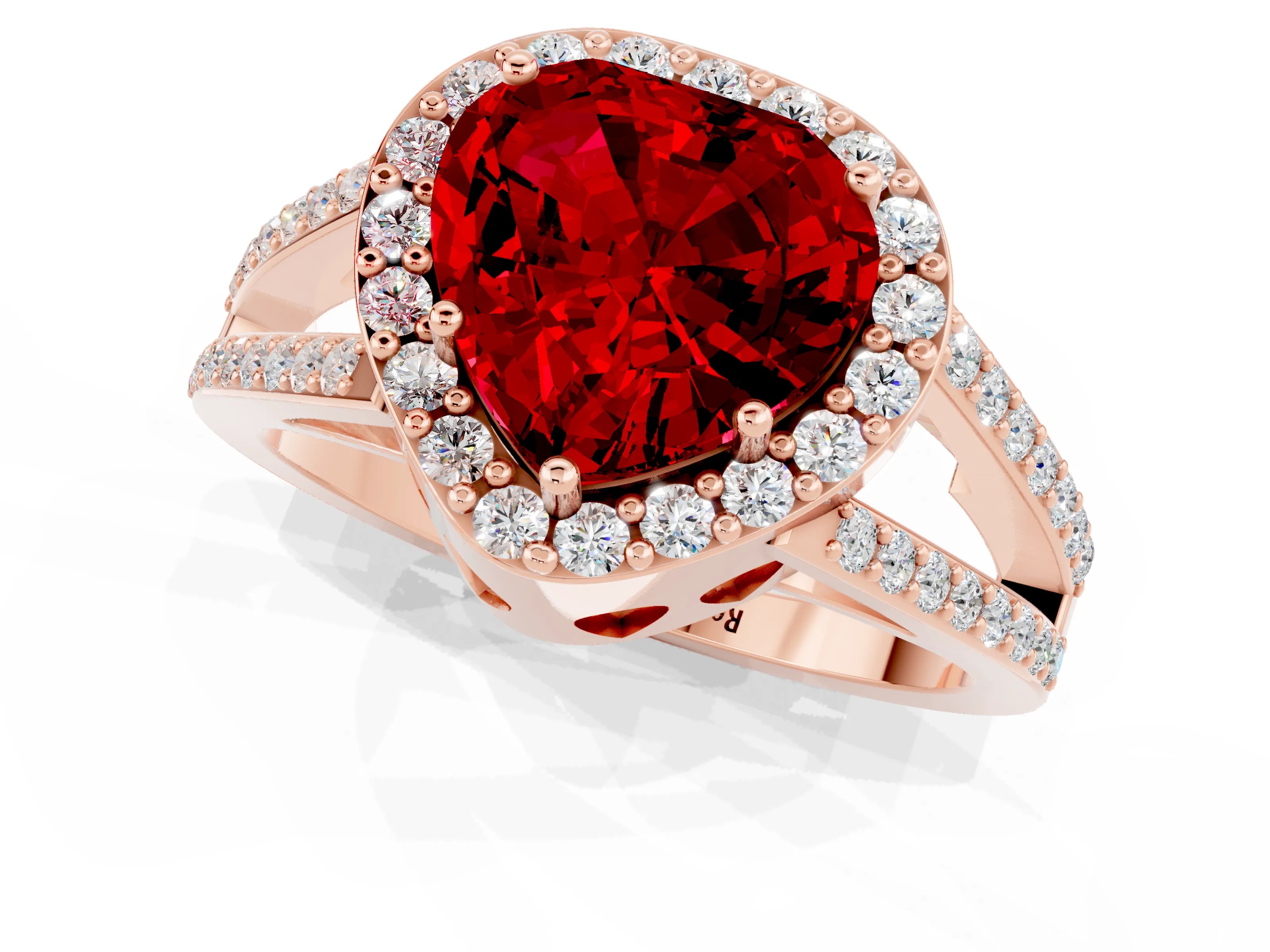 Rose gold Heart Cut Ruby Halo Ring with Split Shank U-Prong Band and Four-Prong Setting_1