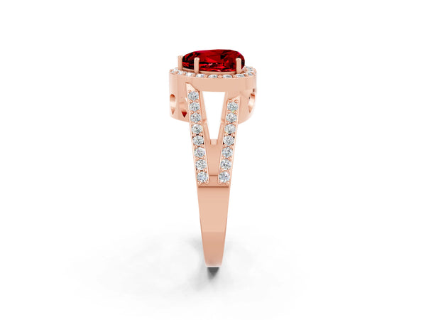 Rose gold Heart Cut Ruby Halo Ring with Split Shank U-Prong Band and Four-Prong Setting