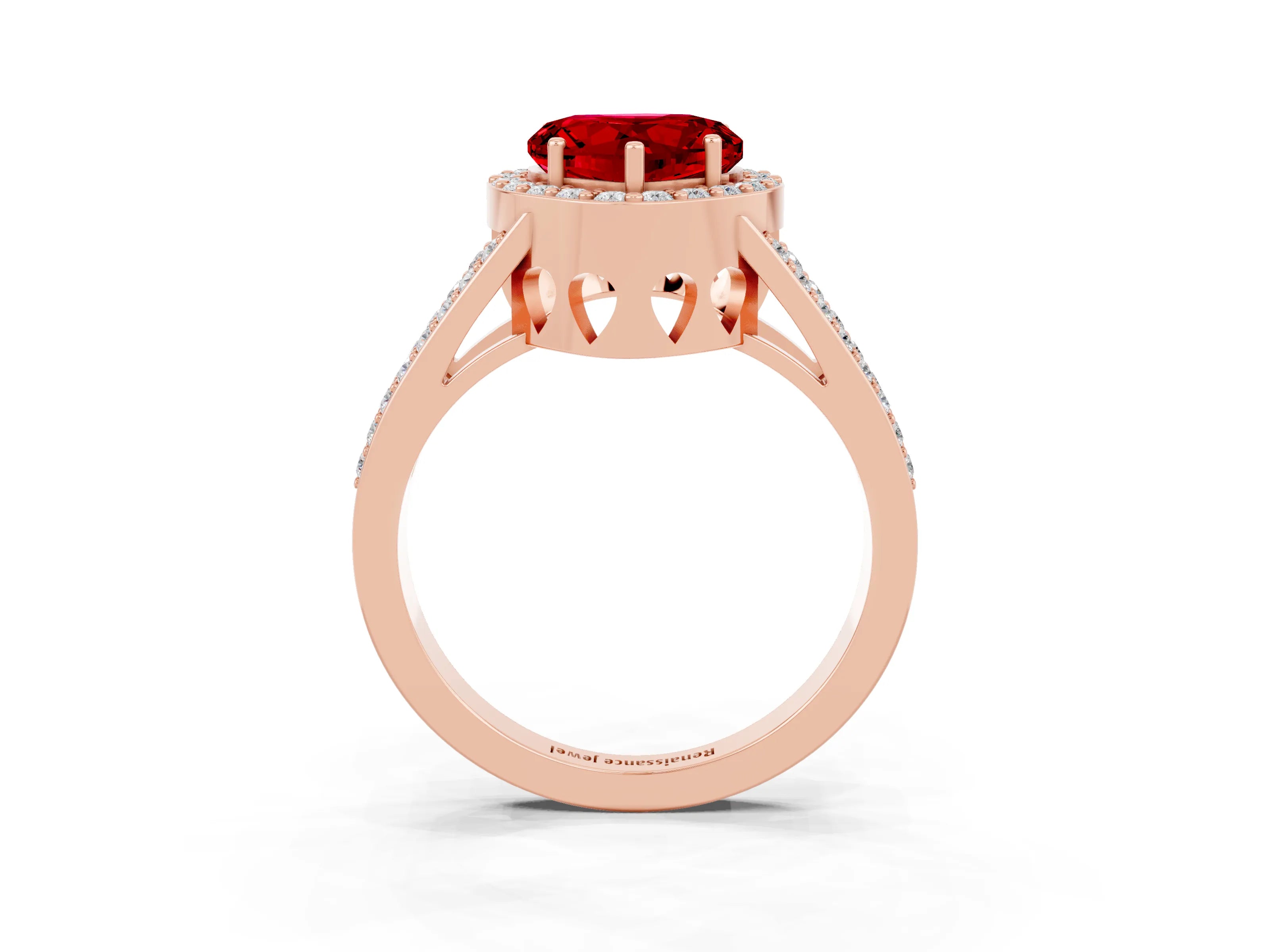 Rose gold Heart Cut Ruby Halo Ring with Split Shank U-Prong Band and Four-Prong Setting_3