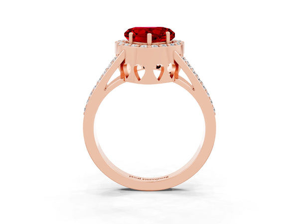 Rose gold Heart Cut Ruby Halo Ring with Split Shank U-Prong Band and Four-Prong Setting