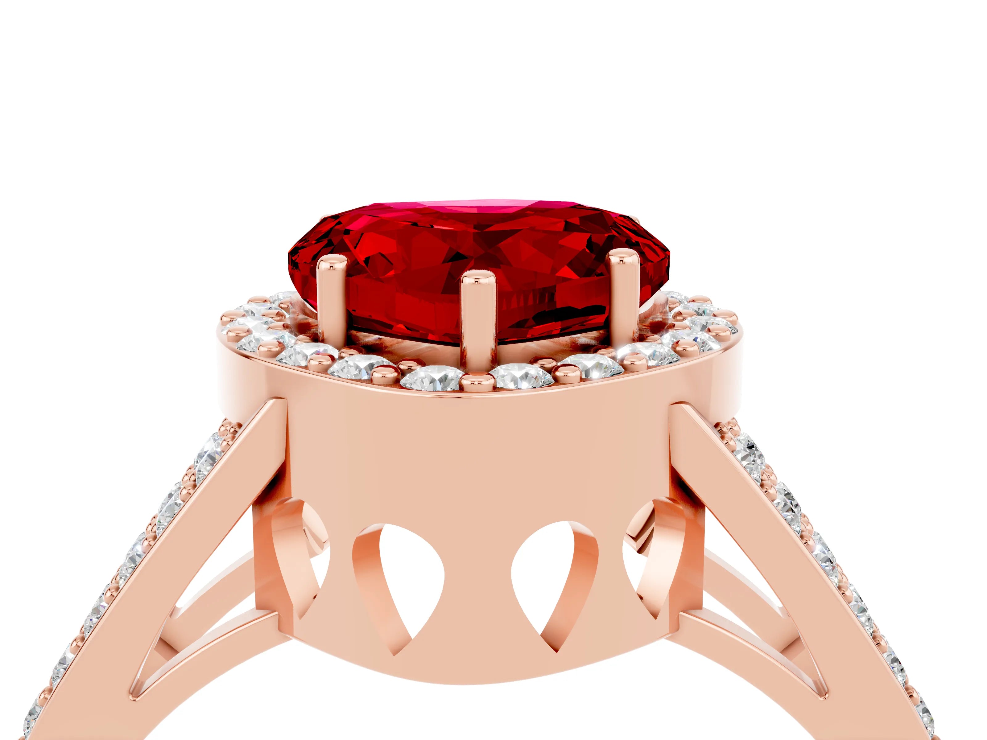Rose gold Heart Cut Ruby Halo Ring with Split Shank U-Prong Band and Four-Prong Setting_4