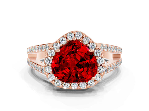 Rose gold Heart Cut Ruby Halo Ring with Split Shank U-Prong Band and Four-Prong Setting