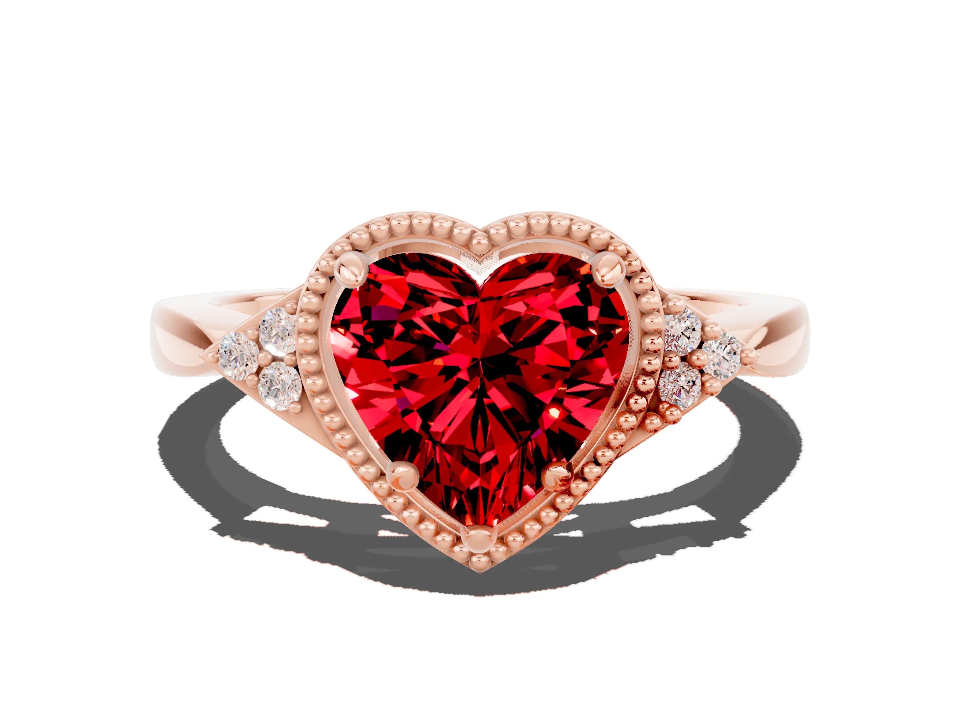 Rose gold Heart Cut Ruby Halo Ring with Tapered Band and Four-Prong Setting