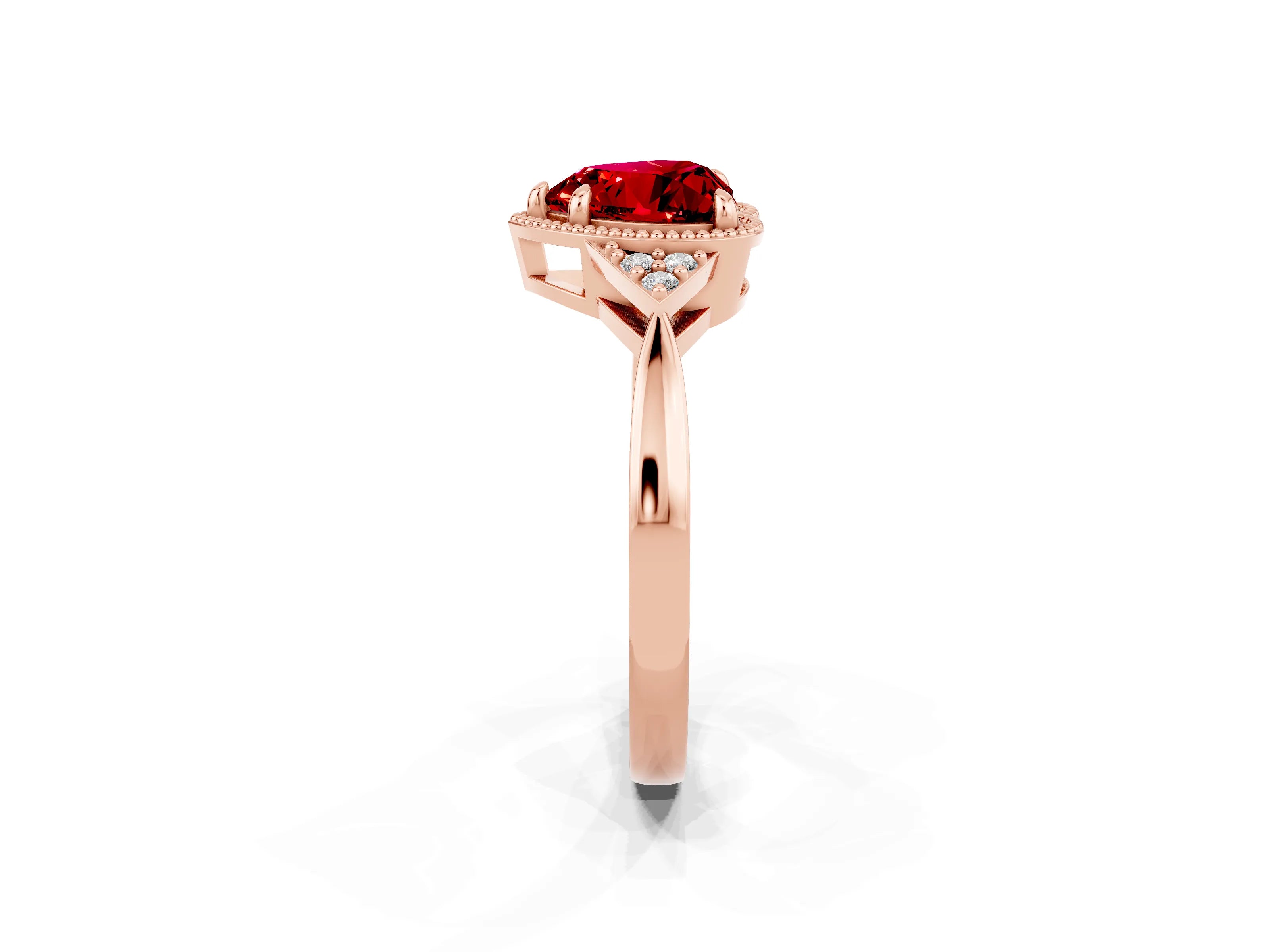 Rose gold Heart Cut Ruby Halo Ring with Tapered Band and Four-Prong Setting_2