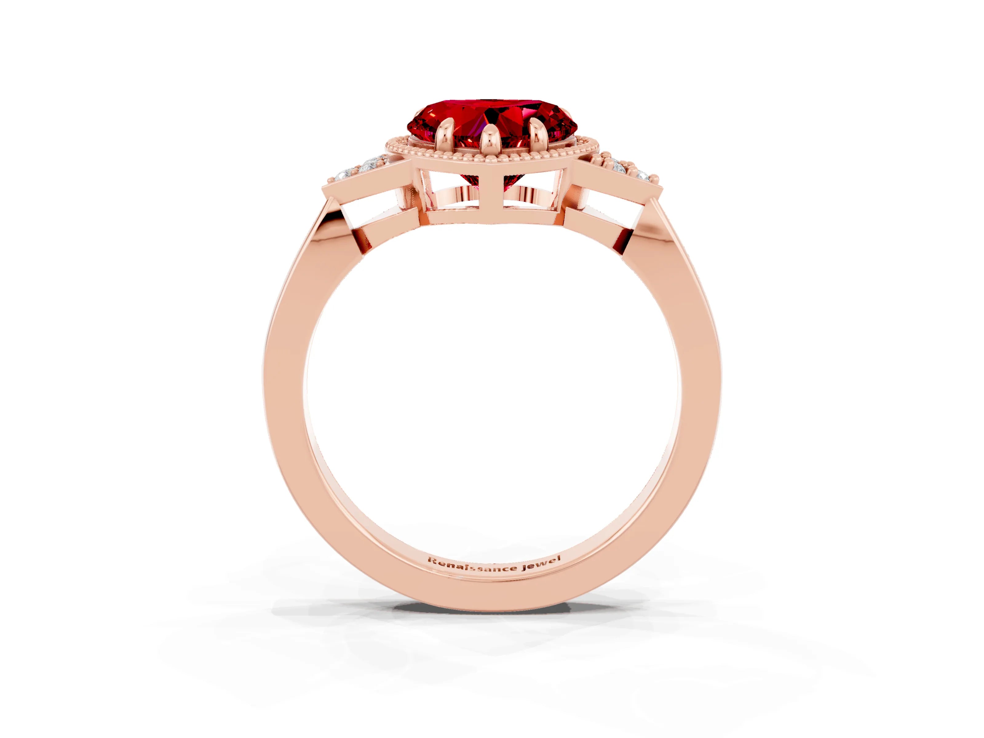 Rose gold Heart Cut Ruby Halo Ring with Tapered Band and Four-Prong Setting_3