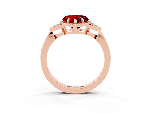Rose gold Heart Cut Ruby Halo Ring with Tapered Band and Four-Prong Setting