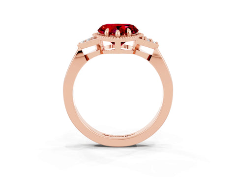 Rose gold Heart Cut Ruby Halo Ring with Tapered Band and Four-Prong Setting_3