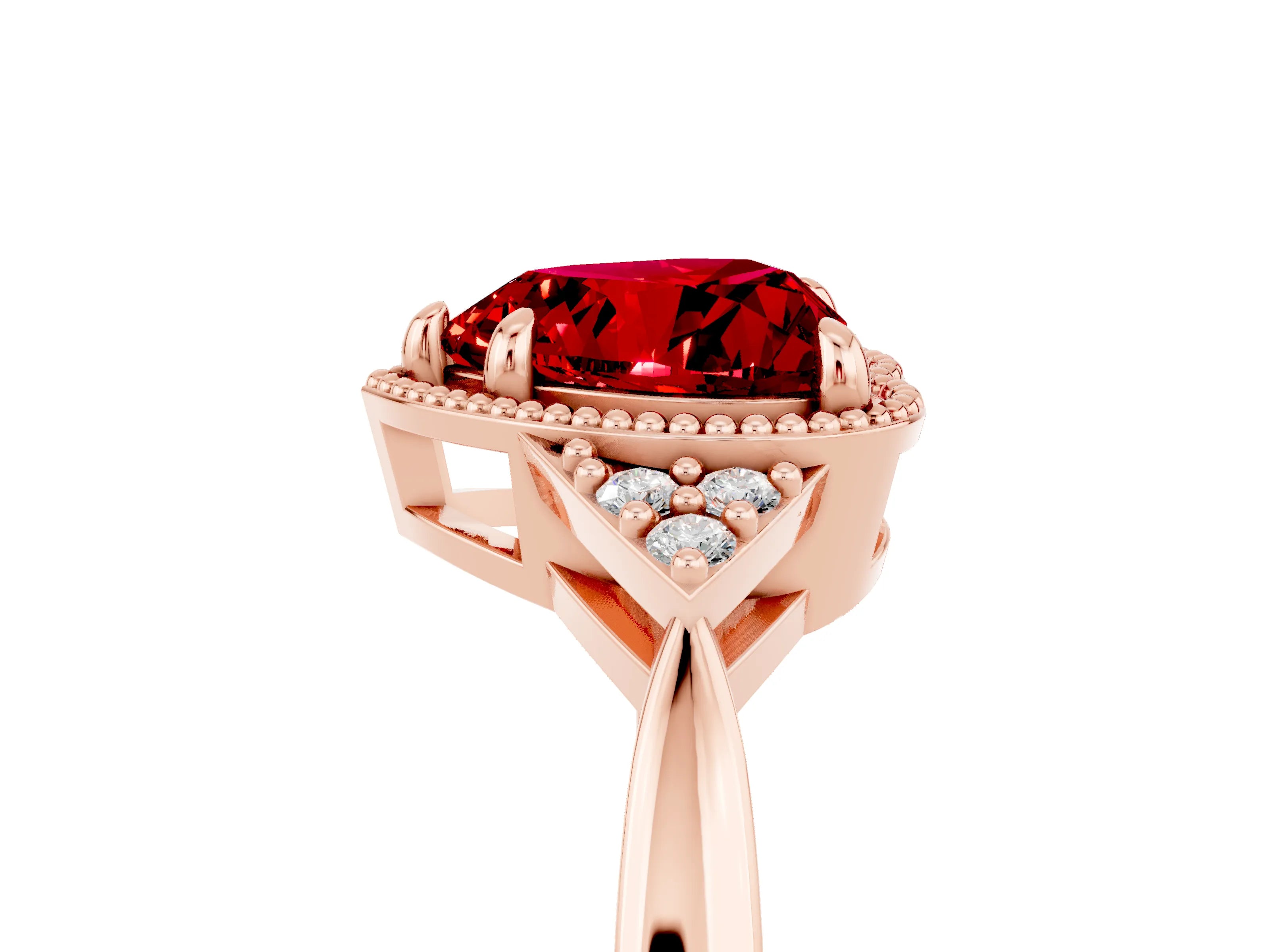 Rose gold Heart Cut Ruby Halo Ring with Tapered Band and Four-Prong Setting_5